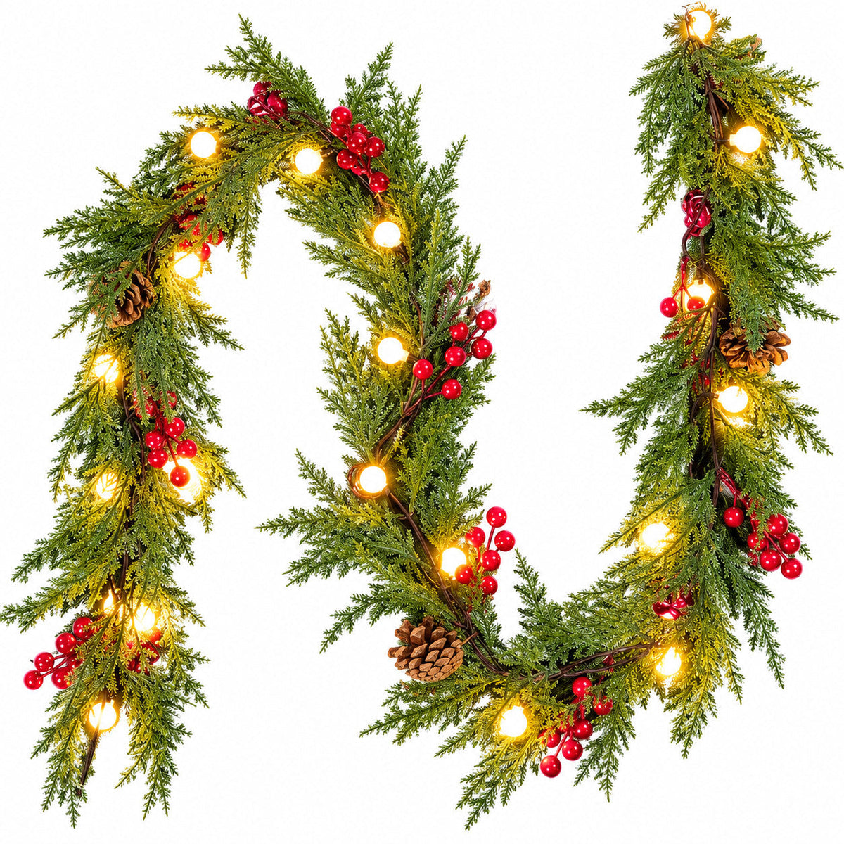 6 ft lighted Christmas garland with globe lights, evergreen foliage, pinecones and red berries on white background
