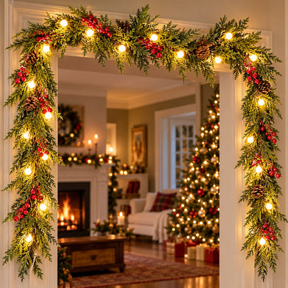 Illustrative indoor Christmas doorway with pinecone, red berry and globe light garland