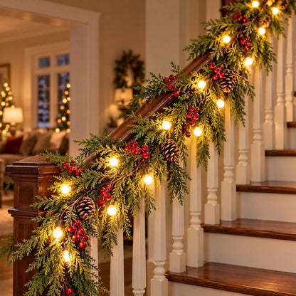 Illustrative staircase railing with evergreen garland, warm lights and red berry clusters