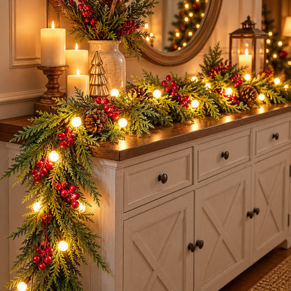 Illustrative sideboard decorated with lighted evergreen garland, red berries and pinecones
