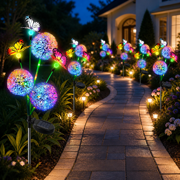 Solar Dandelion & Butterfly Garden Lights - 2 Pack Multicolor LED Pathway Decor