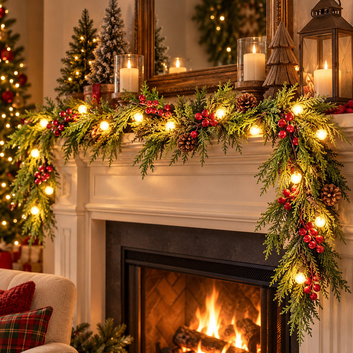 Illustrative Christmas mantel decorated with warm globe light garland, pinecones and berries