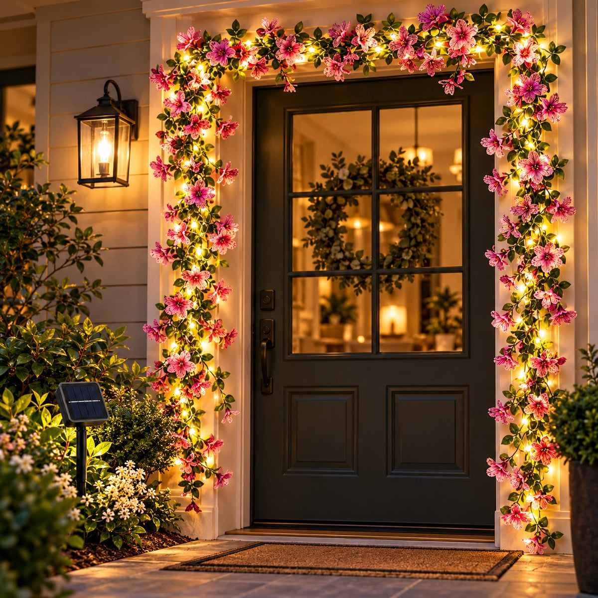 Pink floral solar fairy string lights framing a front doorway at dusk