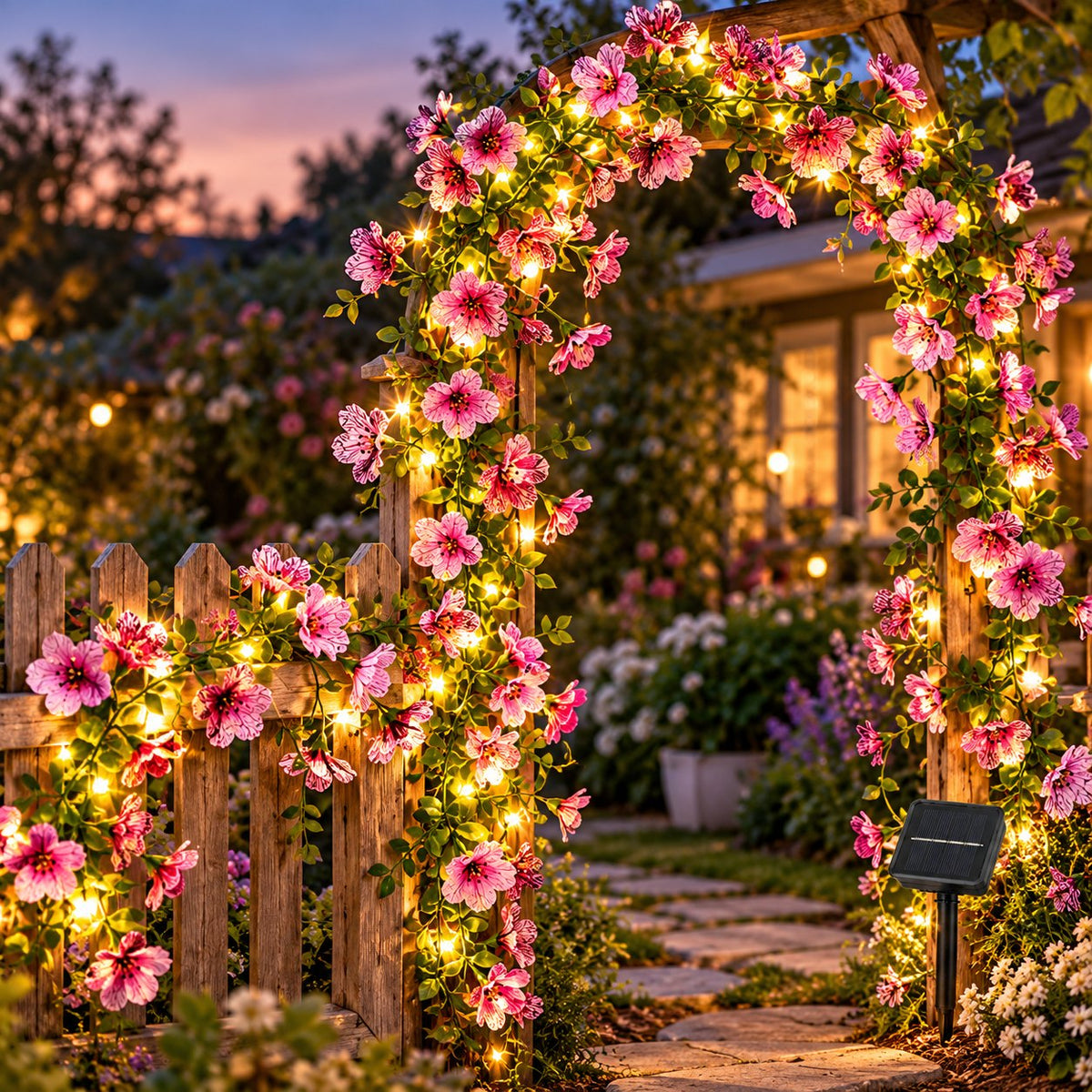 Solar powered pink flower fairy lights decorating a garden arch and fence in the evening