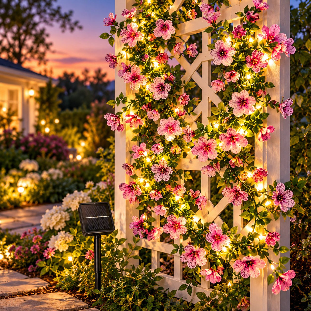 Pink violet artificial flower fairy lights illuminating a white garden trellis at dusk